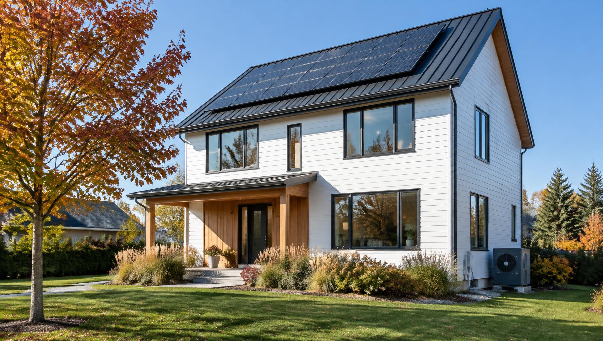 Canadian home with rooftop solar panels and a heat pump